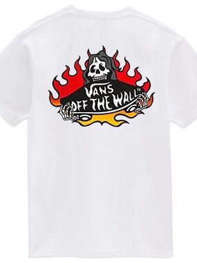 Vans White Tee with Red and Yellow Flame Skull Graphic